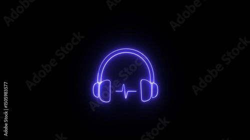 Abstract blue neon headphones and musical note in vibrant blue on dark background, futuristic digital audio icon. 4k videos
