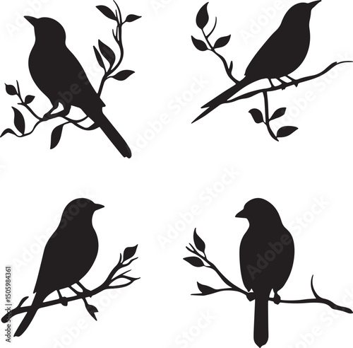 This artwork is a clean vector illustration, manually refined for high-quality use.A set of four bird silhouettes—two perched and two in flight—on tree branches. Ideal for nature designs, wildlife art