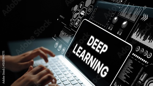 Vászonkép Hands Typing on Laptop with Deep Learning Concept Visuals and Data Analytics Background in Modern Technology Environment