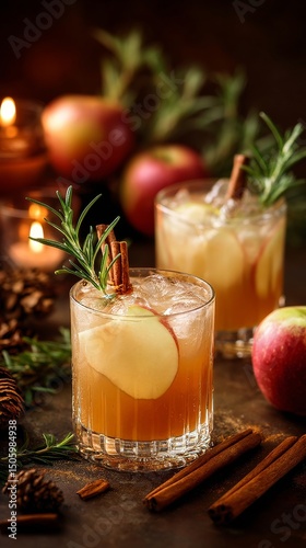 Warm Apple Cider Cocktails With Cinnamon and Rosemary on a Rustic Table at Ni...
