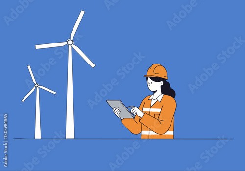 A female engineer analyzes wind turbine data on a tablet, surrounded by turbines and charts. Modern, clean illustration for data analysis concepts.
