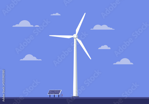 A modern illustration depicts a wind turbine and solar panel against a blue sky with fluffy clouds. Clean, flat design. Ideal for renewable energy concepts.