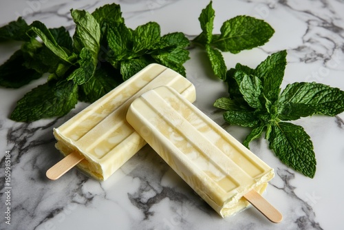 Refreshing Mint Popsicles Surrounded by Fresh Mint Leaves on Marble Surface.