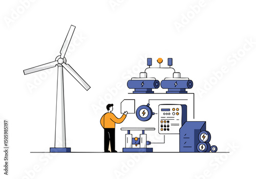 A modern illustration depicts energy storage with a wind turbine and control panel. A man monitors the system, showcasing renewable energy solutions. Clean, graphic style.