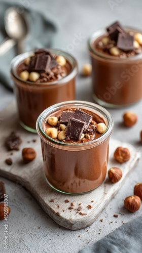 Decadent Chocolate Dessert Jars With Hazelnuts and Dark Chocolate Pieces in M...