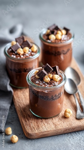 Decadent Chocolate Dessert Jars With Hazelnuts and Dark Chocolate Pieces in M...
