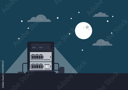 A stylized energy storage illustration under a moonlit sky. Modern, flat design with battery icons and a dark, atmospheric background. Perfect for tech and sustainability concepts.