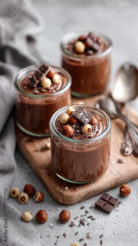 Indulgent Chocolate Mousse Served in Glass Jars With Nuts and Chocolate Piece...