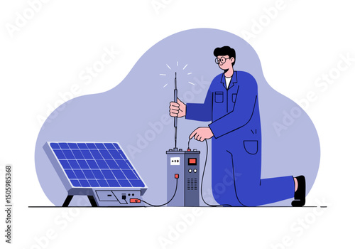 A technician calibrates a solar panel system, showcasing a modern, clean setup. Focused on precision and renewable energy. Professional, bright, and technical.