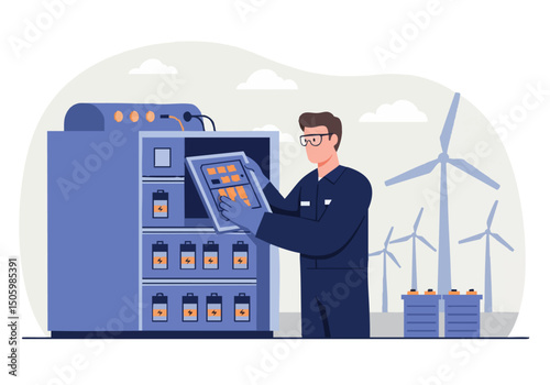 A technician inspects a battery bank, showcasing durability. A wind turbine backdrop highlights renewable energy. Modern, professional setting.