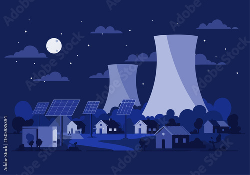 A stylized night scene showcases a nuclear power plant alongside solar panels, illuminating a rural landscape under a full moon.  Illustrative, modern, and visually striking.
