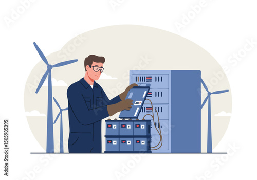 A technician inspects a battery bank alongside wind turbines. The image showcases battery durability and renewable energy infrastructure. Clean, modern illustration.