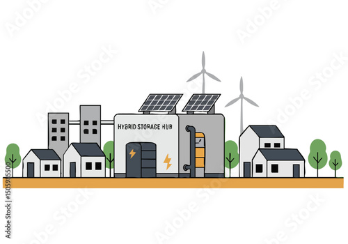 vibrant illustration depicts a hybrid storage hub powered by solar panels and wind turbines showcasing a sustainable energy future for a modern town Clean lines and bright colors 