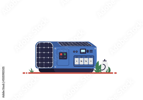 A vibrant illustration showcases a blue solar generator with solar panels, highlighting sustainable energy. Clean lines and a modern design create a visually appealing and informative graphic.