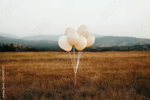 White Balloons Tied Together in a Field During Sunset With Mountains in the B...
