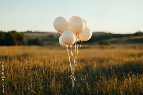 Balloons Tied Together in a Serene Field During Golden Hour With a Soft Lands...