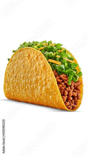 Delicious Taco Filled With Seasoned Beef, Lettuce, and Cheese on a White Back...