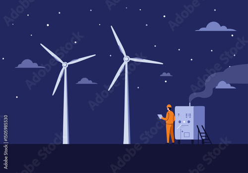Wind turbines at night with a technician monitoring equipment. A modern, clean illustration depicting renewable energy and maintenance. Suitable for business and environmental themes.