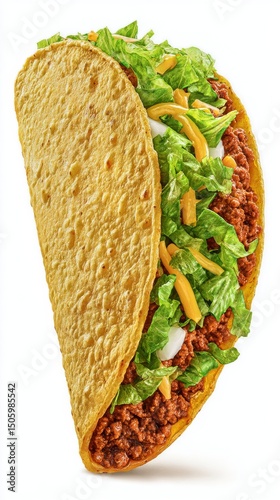 Delicious Taco Filled With Seasoned Beef, Lettuce, and Cheese on a White Back...