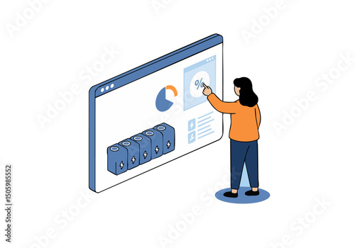 A woman analyzes data on a digital screen, highlighting key metrics. Modern, professional, and visually engaging, ideal for business and technology concepts.