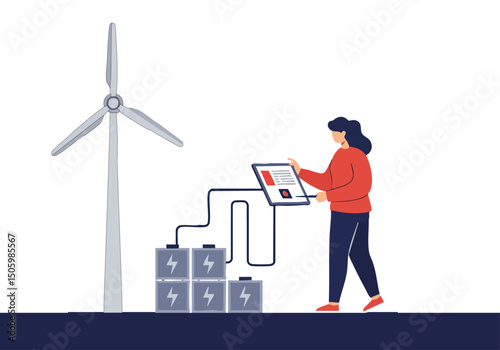 A woman monitors a wind turbine and battery storage system, showcasing sustainable energy. Modern illustration with a bright, optimistic feel. Ideal for energy, technology, and environmental concepts.