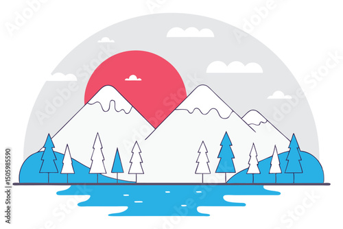 Minimalist landscape illustration featuring snowy mountains trees lake clouds and a vibrant setting sun