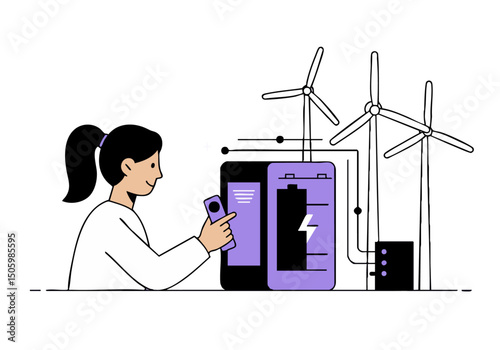 A woman monitors energy charge via mobile device, alongside wind turbines. Illustrates sustainable energy management. Modern, clean design.