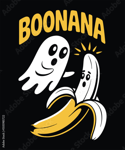 A ghost playfully holds a shocked banana peel with Boonana text.