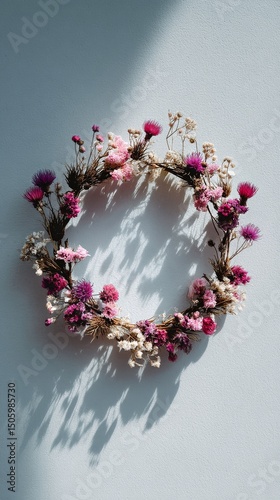 Floral Wreath Made of Dried Flowers in Soft Pink Tones Displayed Against a Li...