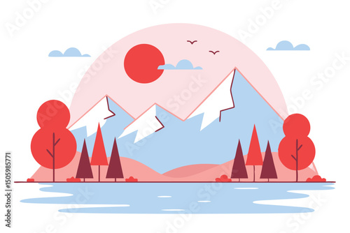 Minimalist landscape with mountains sun birds and trees illustrating nature and outdoors