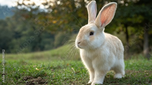 Rabbit Resting on Green Grass in a Forested Area During Daylight Hours.