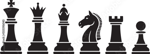 Chess piece icons set. Board game. Black silhouettes illustration. Outline set of chess vector icon for web design isolated on white background. King, queen, bishop, pawn, horse, knight, rook.