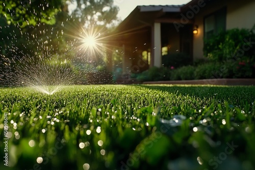 Lawn Watering at Sunset With Sunlight Sparkling on Fresh Grass Near a House i...