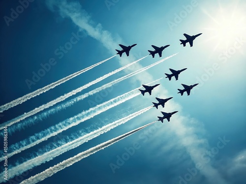 A formation of jet fighter planes flying in the sky with white contrails behind them