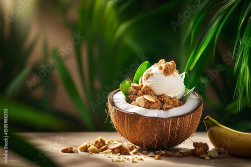 Delicious Coconut Dessert Served With Ice Cream and Toppings in a Tropical Se...