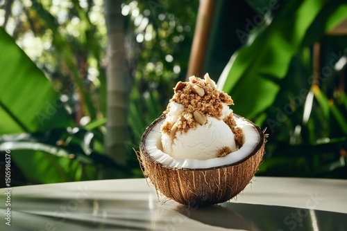 Delicious Coconut Dessert Served With Ice Cream and Toppings in a Tropical Se...