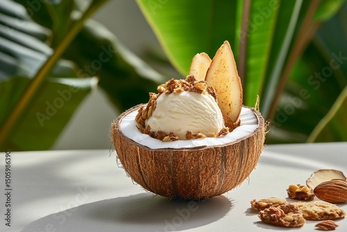 Delicious Coconut Dessert Served With Creamy Ice Cream and Crunchy Toppings