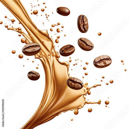 Milk Brown coffee liquid swirl splash and little bubbles with falling coffee Beans isolated on white background.png