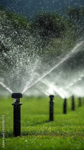 Sprinklers Water a Lush Green Lawn During Daylight in a Residential Garden