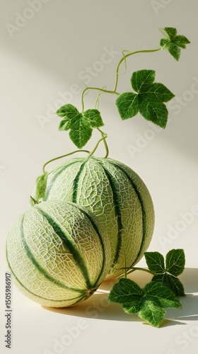 Fresh Melons and Green Leaves Elegantly Arranged on a Neutral Background
