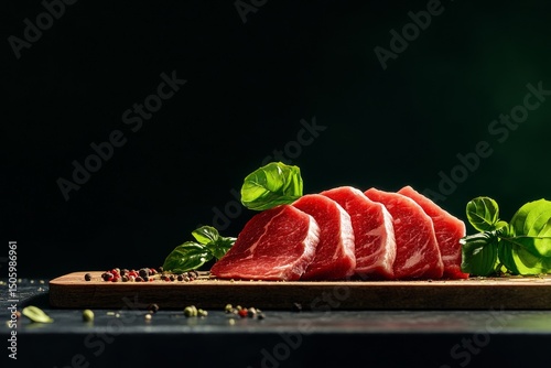 Slices of Cured Meat Garnished With Herbs on a Dark Background Creating a Gou...