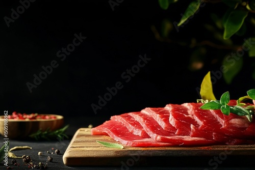 Freshly Sliced Meat Rests on a Wooden Board Garnished With Herbs and Spices i...