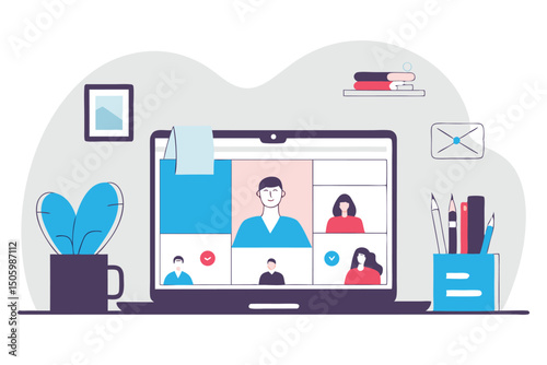 Modern workplace depiction of online team meeting with colleagues on a laptop screen