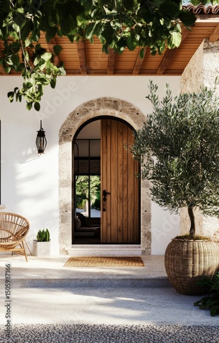 Rustic Doorway Entrance With Olive Tree and Seating in Tranquil Outdoor Setting