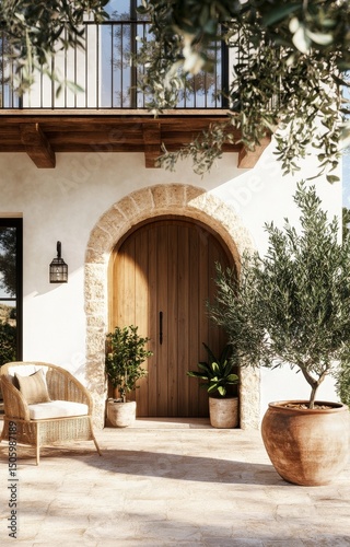 Rustic Doorway Entrance With Olive Tree and Seating in Tranquil Outdoor Setting.