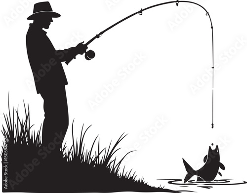 Fisherman Catching a Big Fish Silhouette vector