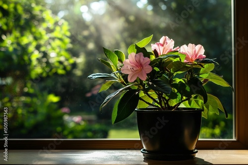 Beautiful Pink Flowers in a Pot by a Sunlit Window During the Morning.