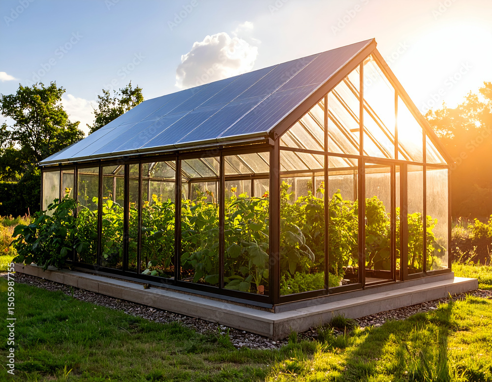 Fototapeta premium Sustainable Greenhouse with Solar Panels Eco-Friendly Gardening Solution