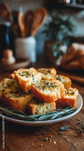 Freshly Baked Bread Slices Topped With Herbs on a Wooden Table in a Cozy Kitc...