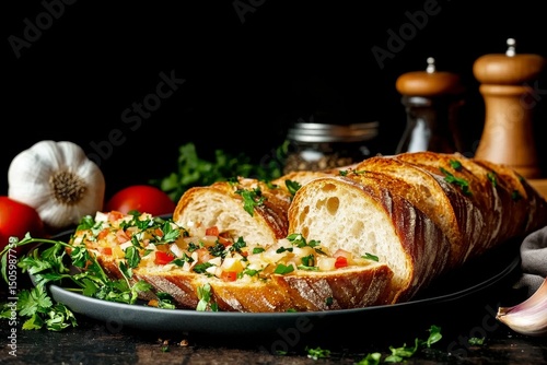 Freshly Baked Bread With Garlic, Herbs, and Vegetables on a Rustic Table